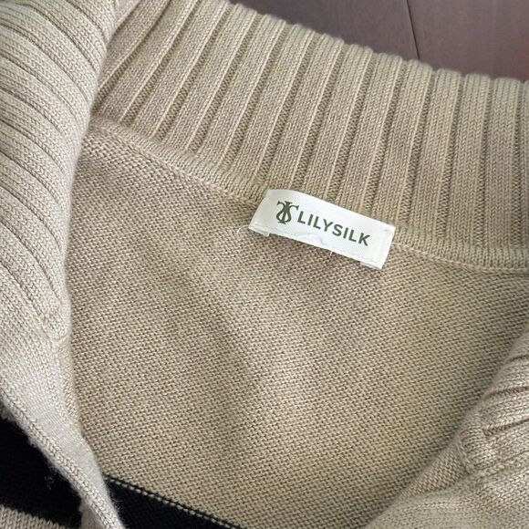 Lilysilk The Gilly Striped Tan Sweater 100% Merino Wool Pullover Preppy Luxe M - Picture 6 of 7